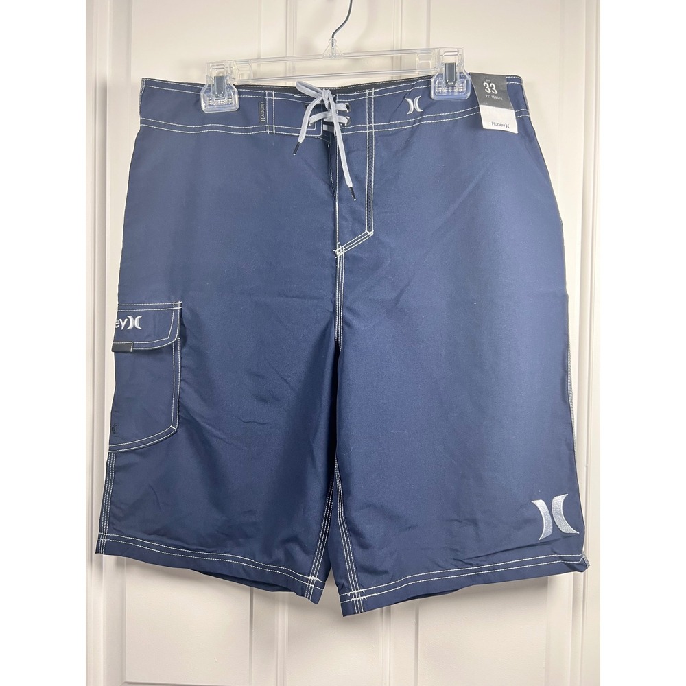 Hurley Mens Navy Blue Board Shorts Swim Trunks Cargo Pocket Size 33 22 Length